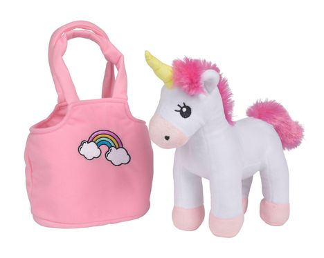 Rosa Tasche mit Regenbogenmuster und ein weißes Plüsch-Einhorn mit pinker Mähne und Schwanz.