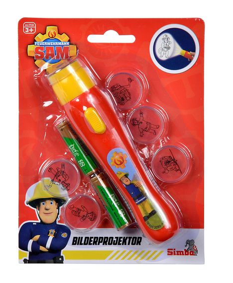 "Bilderprojektor", "Feuerwehrmann Sam", "Alter 3+", Logo: Figur in Feuerwehruniform, roter Projektor, Bildeinsätze.