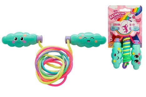 "My Rainbow Friend, 220 cm, Soft, 5+. Ein Springseil mit buntem Seil und Wolkengriffen, die Gesichter haben."
