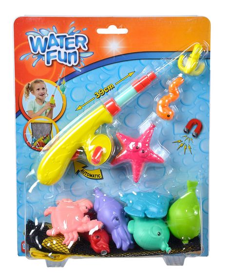 "Water Fun", "39cm", "Automatic". Buntes Angelspielzeug mit Angelrute, Seestern und Meerestieren in Blisterverpackung.