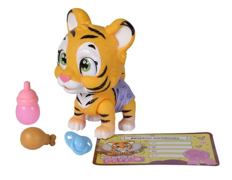 Adoption Certificate, Spielzeugtiger mit grünem Augen, rosa Flasche, blauem Schnuller, und einem kleinen Hühnerbein.