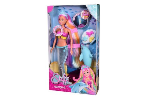 Text: "Steffi Love, MERMAZING, TRY ME! TRY ME!, FUN BOYLIGHT." 
Eine Puppe im Meerjungfrau-Outfit mit buntem Haar.