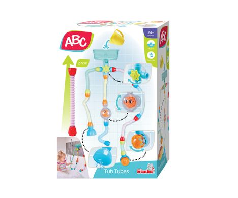 "ABC", Pfeil "27 cm", "24+ Months", "Plug-in", "Splashes", "Tub Tubes". Kind spielt in der Badewanne mit Wasserbahnen.