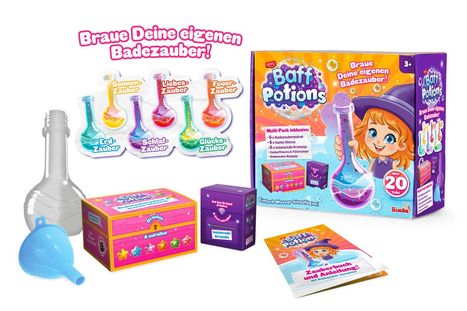 "Braue Deine eigenen Badezauber!" Bunte Behälter, bunter Trichter, Verpackung mit Hexen-Illustration. Zauberbuch inklusive.