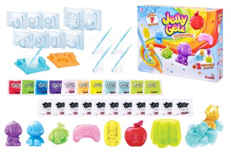 „Jelly Gelz LIFESTYLE DELUXE“, Set mit bunten Formen, Werkzeugen und Bechern; Verpackung zeigt Figuren und Farben.