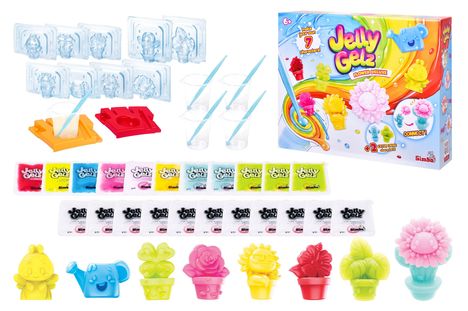 „Jelly Gelz“ und „make your own 7 characters“ auf bunter Verpackung. Enthält Formen, Gelpackungen und Plastikwerkzeuge.