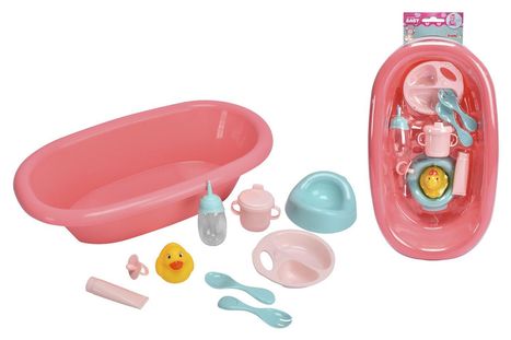 "Baby Born" Text auf Verpackung; rosafarbene Badewanne mit Spielzeugzubehör: Ente, Fläschchen, Teller, Löffel, Töpfchen.