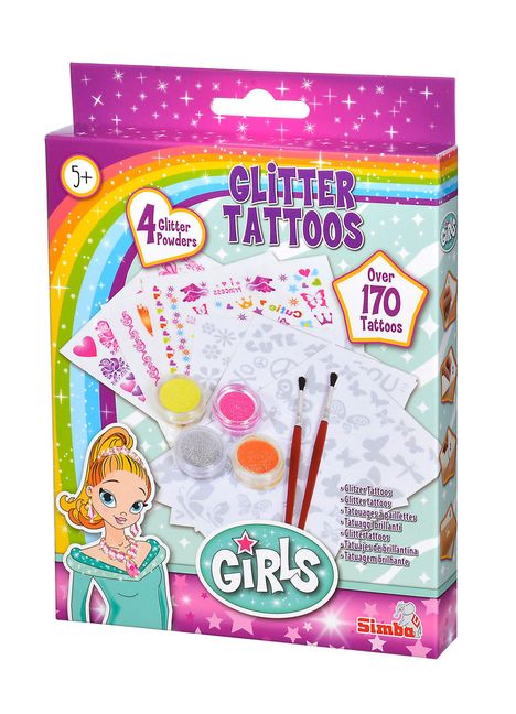 „GLITTER TATTOOS, 4 Glitter Powders, Over 170 Tattoos.“ Bunte Verpackung mit Pinsel, Glitzerdöschen und stilisierter Figur.
