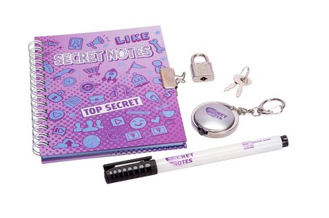 "LIKE SECRET NOTES, TOP SECRET" auf einem lila Notizbuch mit Symbolen. Schloss, Schlüssel und Stift.