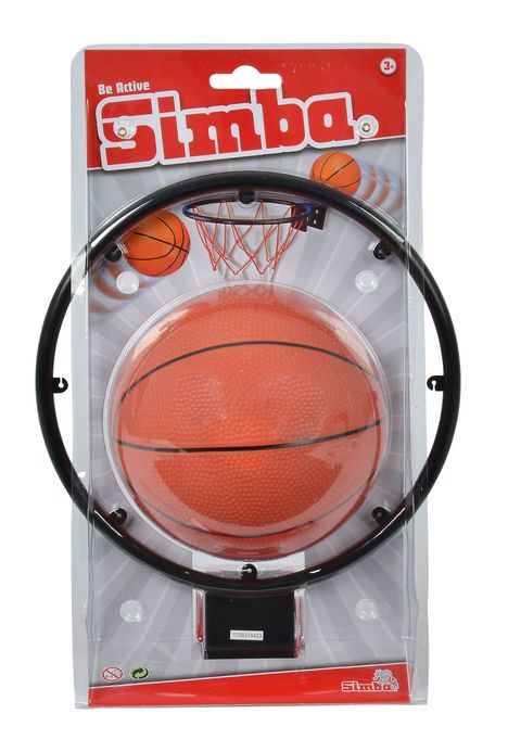 „Be Active Simba“: Set mit kleinem Basketball, schwarzem Ring und Netz auf roter Verpackung. Geeignet ab 3 Jahren.