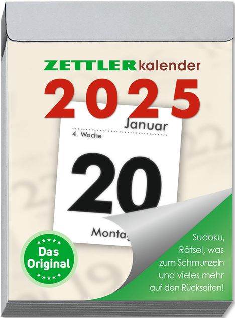 Zettler Tagesabreißkalender M 2025 5,4x7,2 cm Bürokalender 1 Tag auf 1 Seite mit Sudokus, Sprüchen, Rätseln uvm. Auf den Rückseiten, Kalender