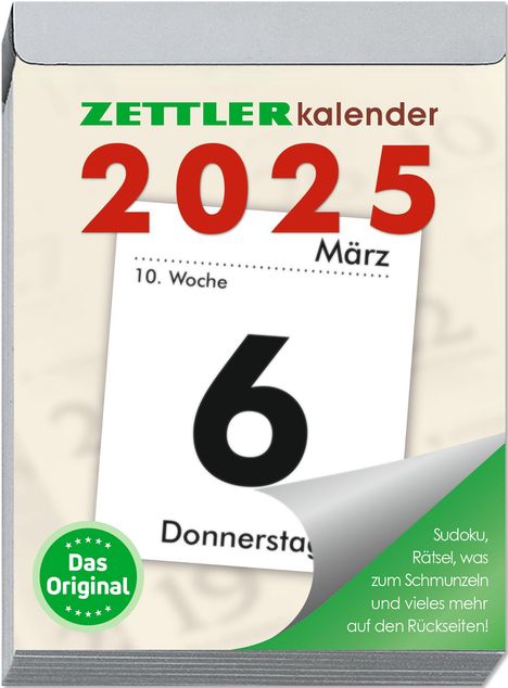 Tagesabreißkalender XL 2025 - 8,2x10,7 cm - 1 Tag auf 1 Seite - mit Sudokus, Rezepten, Rätseln uvm. auf den Rückseiten - Bürokalender 305-0000, Kalender