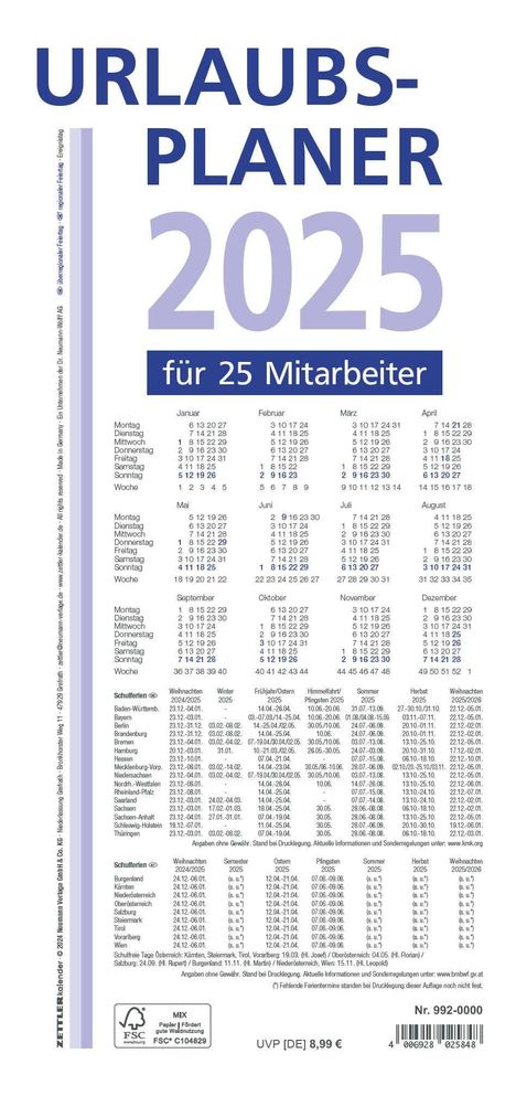 Urlaubsplaner 2025 100x29,7 - 16 Monate- Wandplaner - gefalzt - für 25 Personen - 992-0000, Kalender