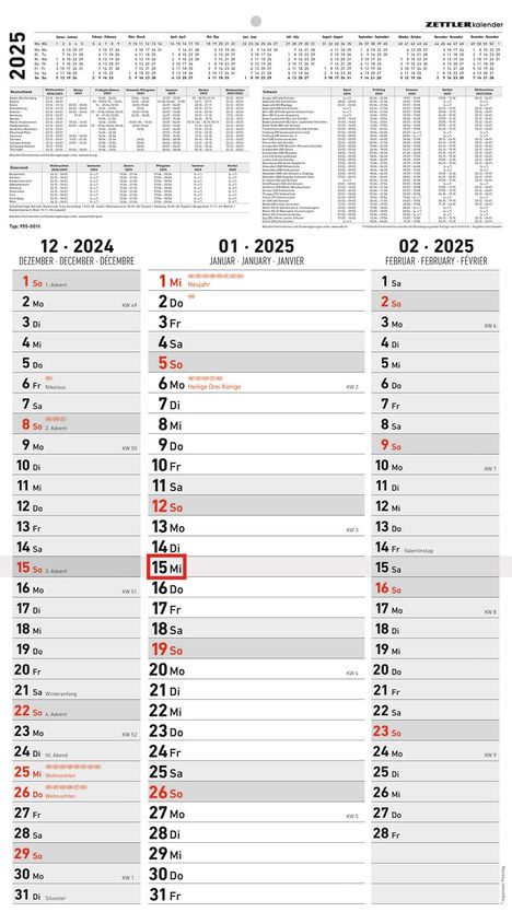 3-Monatskalender Streifenplaner 2025 - Büro-Kalender 33x58,8 cm (geöffnet) - mit Datumsschieber - Zettler - 955-0011, Kalender