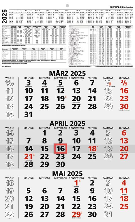 Zettler - 3-Monatskalender 2025 schwarz/rot, 29,7x48,8cm, Bürokalender mit Jahresübersicht, Datumsschieber, faltbar, 3 Monate auf einen Blick, Feiertage/Ferientermine DE/AT/CH und Kalendarium DE, Kalender