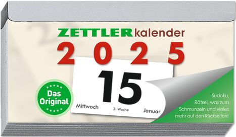 Tagesabreißkalender Q 2025 - 10,9x5,9 cm - 1 Tag auf 1 Seite - mit Sodokus, Rezepten, Rätseln uvm. auf den Rückseiten - Bürokalender 312-0000, Kalender