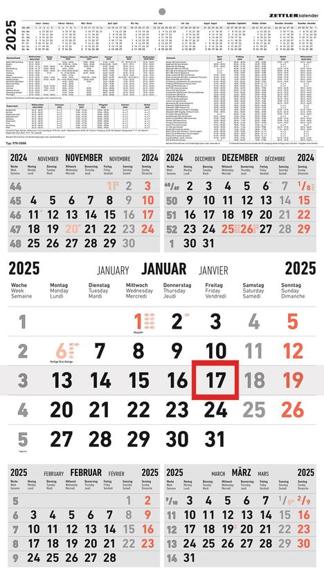 5-Monatskalender rot 2025 - 33x45 - mit Kopftafel - Datumsschieber - 970-0000, Kalender