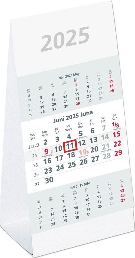 3-Monats-Aufstellkalender 2025 - 10,5x14,5 cm - 3 Monate auf 1 Seite - mit Kopftafel und Datumsschieber - Mehrmonatskalender - 980-0000, Kalender