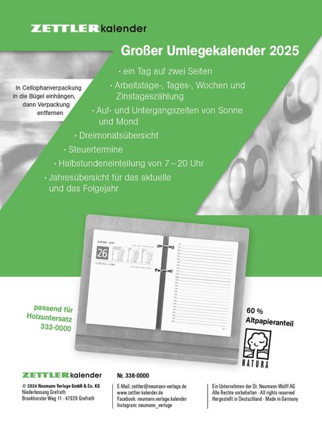 Großer Umlege-Kalender 2025 - 10,5x14,2 cm - 1 Tag auf 2 Seiten - zum Einheften - Bürokalender mit 2-fach Lochung - Stundeneinteilung von 7 - 20 Uhr - 338-0000, Kalender