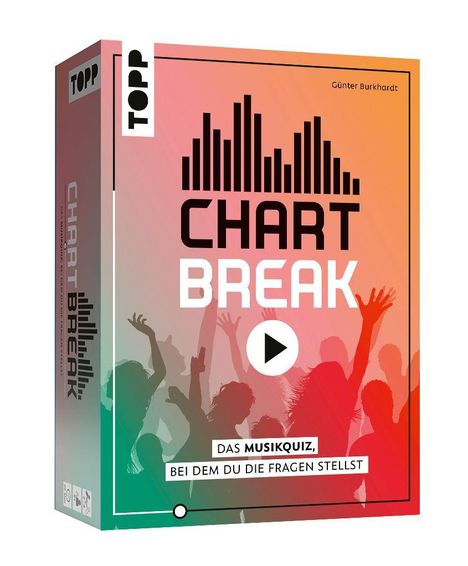 "CHART BREAK" Musikquiz von Günter Burkhardt; Menschen feiern mit erhobenen Armen vor einem farbigen Hintergrund.