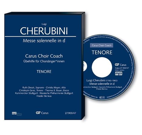 Box und CD: Titel "Cherubini Messe solennelle in d". Texte: "Carus Choir Coach", "TENORE", "Luigi Cherubini" und mehr.