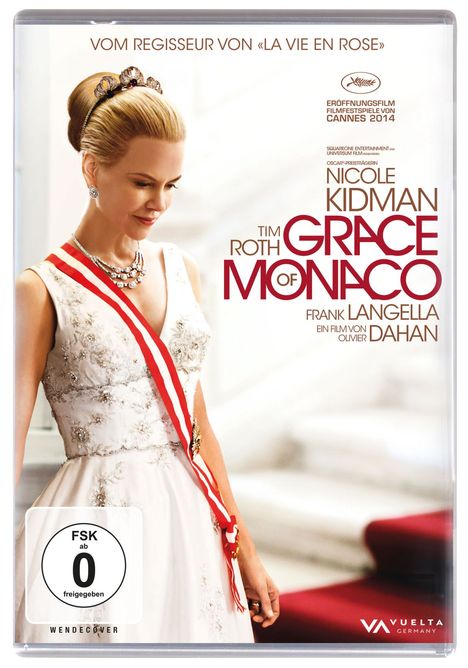 "Grace of Monaco" mit Nicole Kidman. Eine Frau trägt ein weißes Kleid und eine Tiara, mit rotem Band verziert.