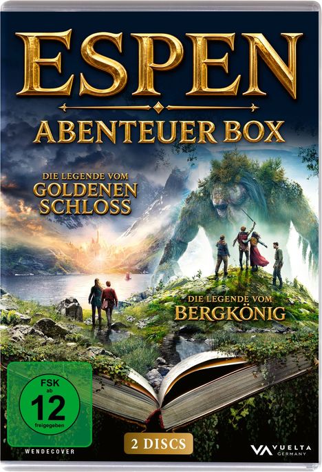 "ESPEN ABENTEUER BOX", "DIE LEGENDE VOM GOLDENEN SCHLOSS", "DIE LEGENDE VOM BERGKÖNIG". Zwei Menschen, ein Schloss und ein Troll.
