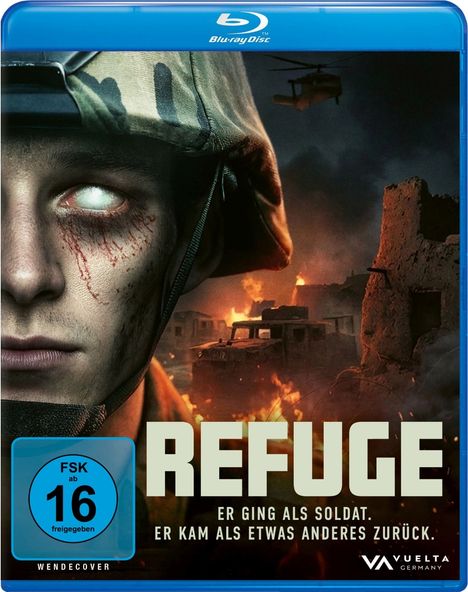 Blu-ray Cover mit Text: "REFUGE. Er ging als Soldat. Er kam als etwas anderes zurück." Soldatengesicht, zerstörte Stadt im Hintergrund.