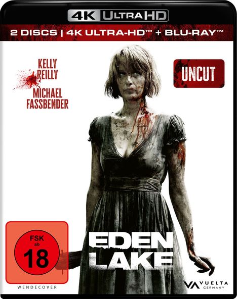 Text: "4K ULTRA HD", "KELLY REILLY", "MICHAEL FASSBENDER", "UNCUT", "FSK ab 18", "EDEN LAKE". Eine verletzte Frau in blutigem Kleid.