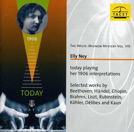 Elly Ney spielt 1906 Interpretationen, Werke von Beethoven, Händel, Chopin. Schwarz-weißes Bild einer Frau, gelbes Logo oben.