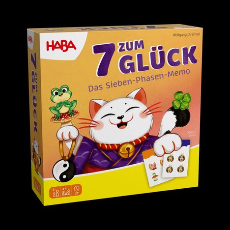 HABA Logo, Titel: "7 zum Glück", Untertitel: "Das Sieben-Phasen-Memo". Illustration: Glückskatze mit Klee.