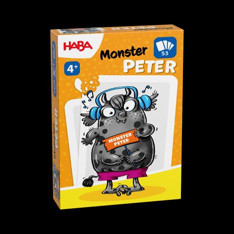 "Monster Peter", Logo: HABA. Illustration eines dicken, fröhlichen Monsters mit Kopfhörern. Altersempfehlung: 4+.
