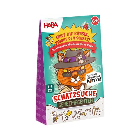 "Löst die Rätsel, findet den Schatz! Schatzsuche Geheimagenten". Illustration: Katze mit Hut und Sonnenbrille.