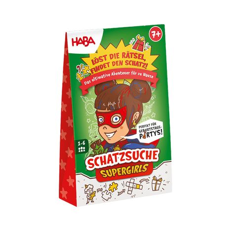 Verpackung mit Text: "Löst die Rätsel, findet den Schatz! Schatzsuche Supergirls." Kind mit Maske abgebildet.