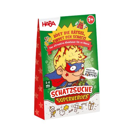 "Löst die Rätsel, findet den Schatz! Schatzsuche Superheroes. Illustration eines Superhelden-Kindes mit roter Maske."