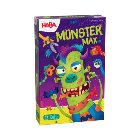 „HABA“, „Monster Max“. Illustration: Grün-lilnes Monster mit herausgestreckter Zunge, umgeben von bunten Accessoires.