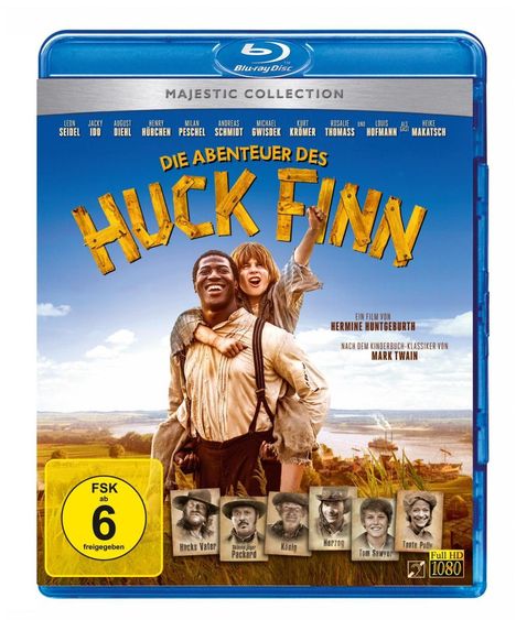 "Die Abenteuer des Huck Finn" steht in großer gelber Schrift. Darunter Huck und Jim freudig in einer ländlichen Szene.