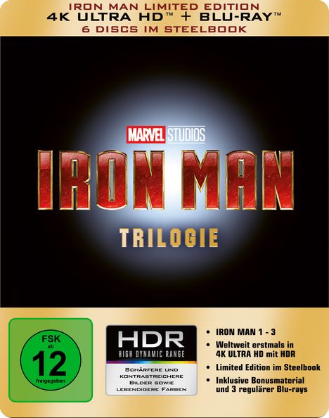 Iron Man Trilogie (Ultra HD Blu-ray &amp; Blu-ray im Steelbook), 3 Ultra HD Blu-rays und 3 Blu-ray Discs