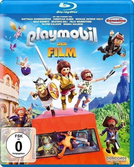 "Playmobil: Der Film" in großer Schrift. Figuren in Abenteuerkleidung, darunter Ritter, Wikinger, Piraten, posieren dynamisch.