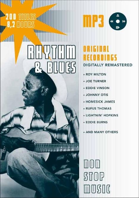 200 Titles, 8,2 Hours. Rhythm & Blues. MP3. Original Recordings. Liste von Künstlern. Mann mit Gitarre. Non Stop Music.