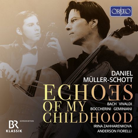 Text: "Daniel Müller-Schott, Echoes of My Childhood - Bach Vivaldi Boccherini Geminiani". Zwei Cellisten, ein Logo oben rechts.