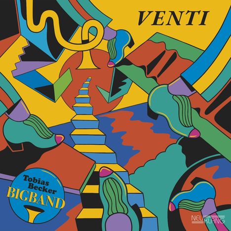 "VENTI" und "Tobias Becker Bigband" in bunter Illustration mit abstrakten Formen und lebendigen Farben.