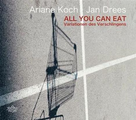 "Ariane Koch Jan Drees ALL YOU CAN EAT Variationen des Verschlingens". Schatten eines Einkaufswagens auf Asphalt.