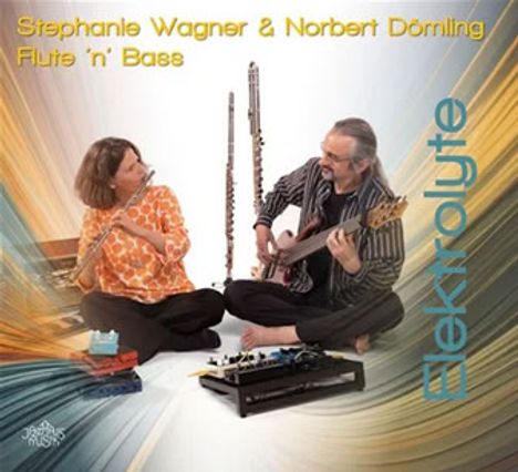 "Stephanie Wagner & Norbert Dömling Flute ‘n’ Bass, Elektrolyte." Zwei Musiker mit Flöte und Gitarre, entspannt sitzend.