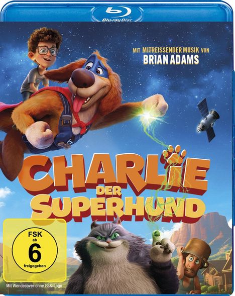 "Charlie der Superhund" mit Musik von Brian Adams. Comicstil: Junge auf fliegendem Hund. Katze und andere Figur unten. Ab 6 freigegeben.