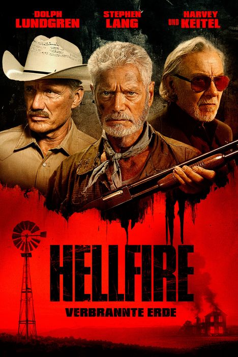 Texte: "Dolph Lundgren", "Stephen Lang", "Harvey Keitel", "Hellfire: Verbrannte Erde". Drei ernste Männer, rotes Farbschema.