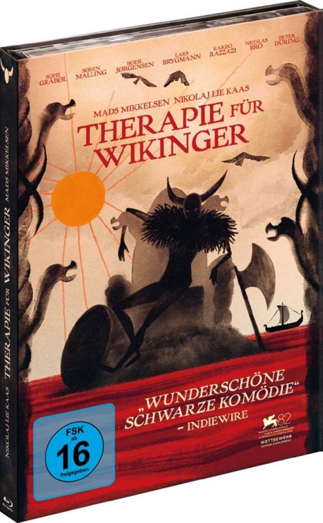 "Therapie für Wikinger" in roter Schrift. Darunter schattenhafte Wikingerfiguren in einem Kunststil. Links ein oranger Kreis.