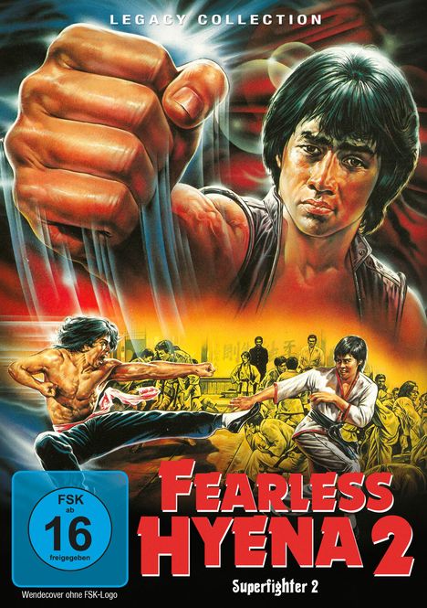 "Fearless Hyena 2", "Superfighter 2", "Legacy Collection". Eine kämpferische Illustration mit dominanten Faustmotiven.