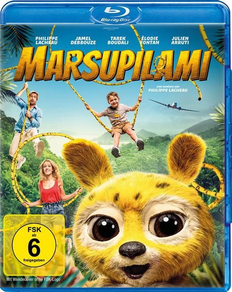 Titel: "Marsupilami". Großes gelbes Tiergesicht im Vordergrund, Menschen schwingen an Lianen im Dschungel.