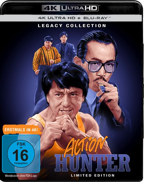 "4K ULTRA HD + BLU-RAY™, LEGACY COLLECTION, Action Hunter. Illustration mit Männern in Kampfpose, einer mit Brille."